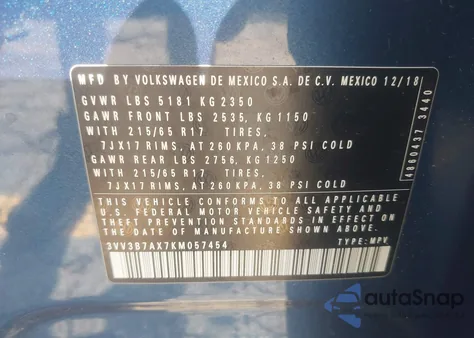 2019 Volkswagen Tiguan 2.0T Se/2.0T Sel/2.0T Sel R-Line/2.0T Sel R-Line Black z USA, uszkodzony, nr VIN 3VV3B7AX7KM057454